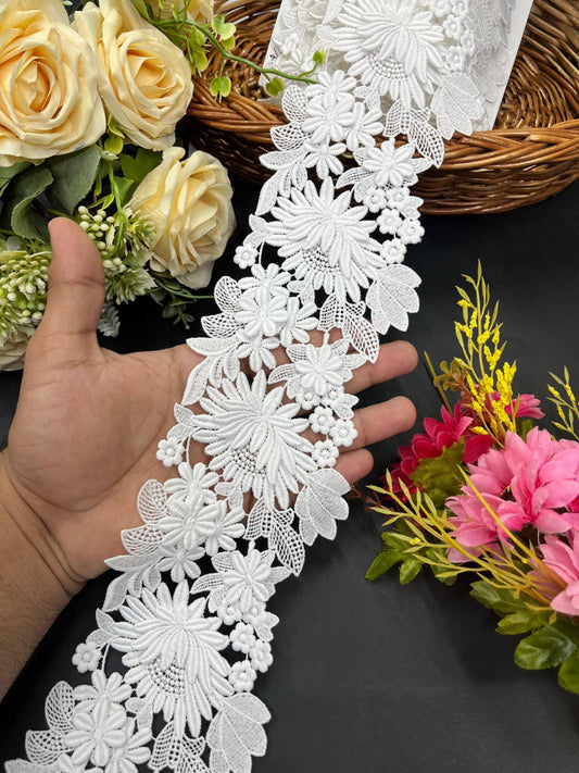 Beautiful Flower Style White Imported Lace – Decorative Lace for Sarees, Dupattas, and Dresses (9 mtr, 4 inch)