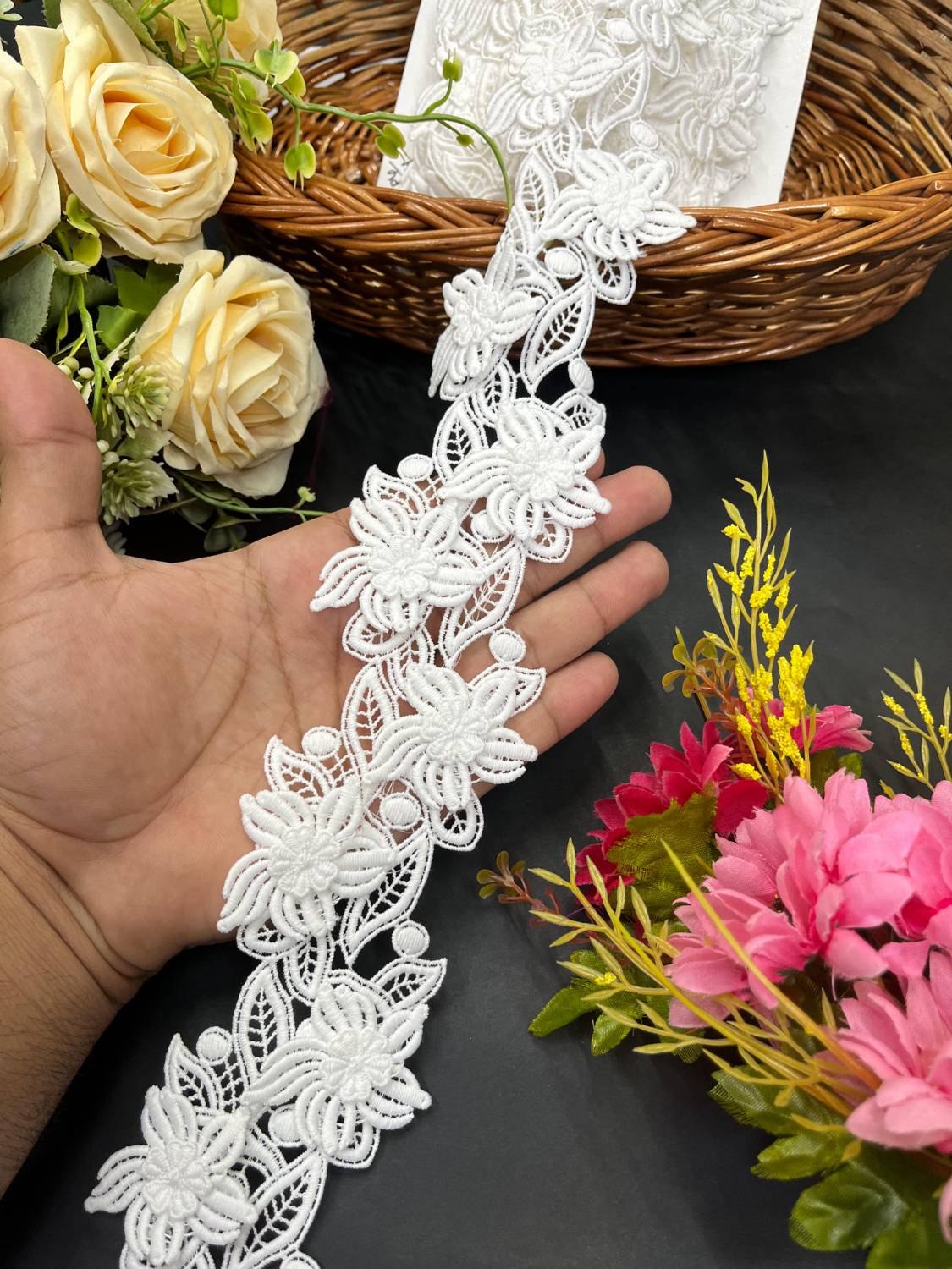Beautiful Flower Style White Imported Cotton Lace – Decorative Lace for Sarees, Dupattas, and Dresses (9 mtr, 2 inch)