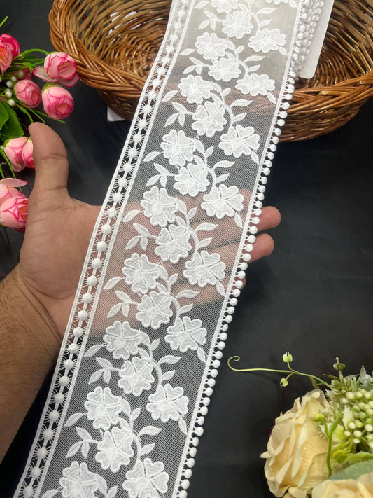 Beautiful Flower Style White Imported Cotton Lace on Net Fabric – Decorative Lace for Sarees, Dupattas, and Dresses (9 mtr, 4.5 inch)