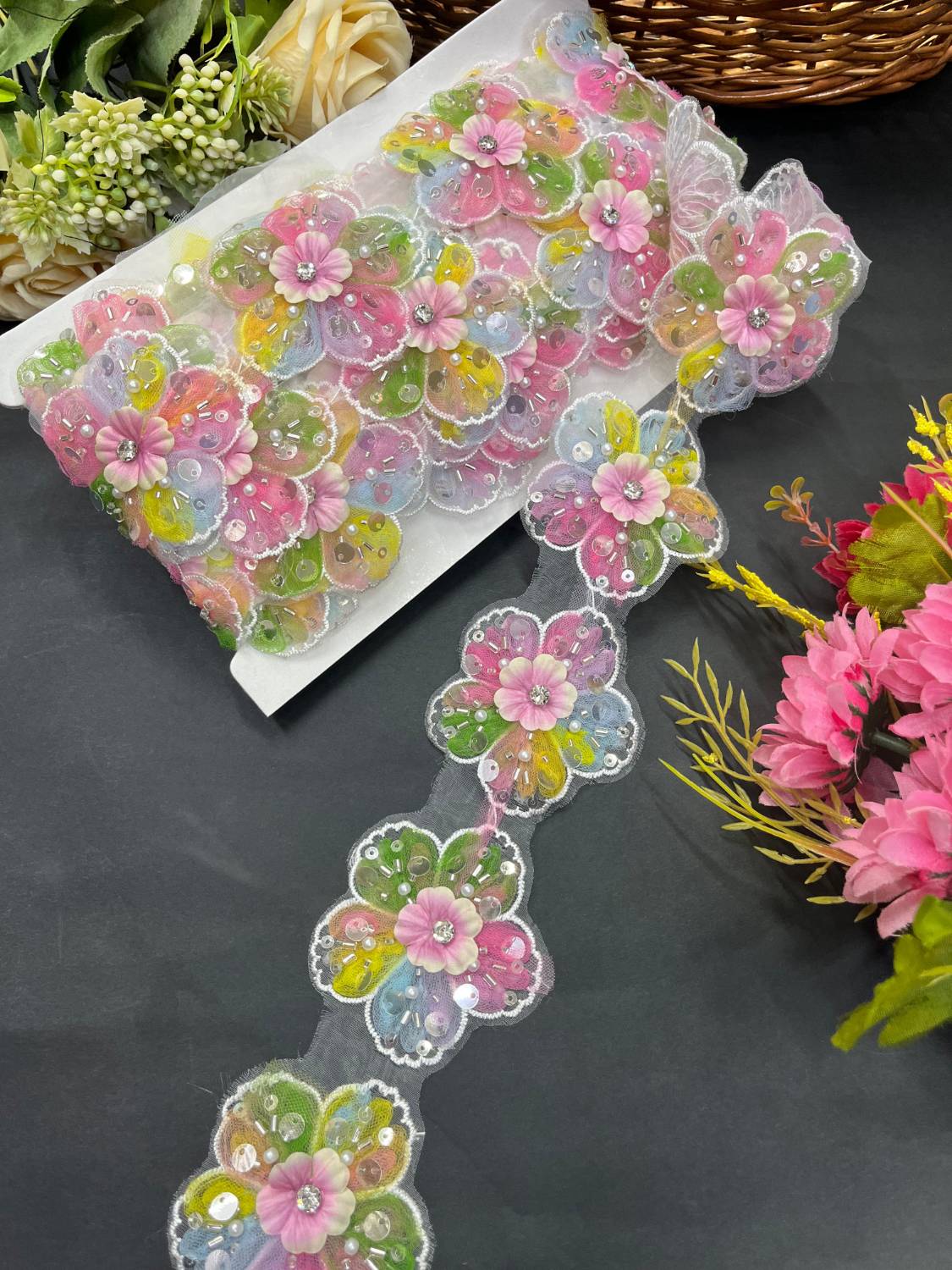 Beautiful Multicoloured Flower Beaded Lace Trim – Imported Decorative Lace for Sarees, Dupattas, and Dresses (9 mtr, 2.5 inch)