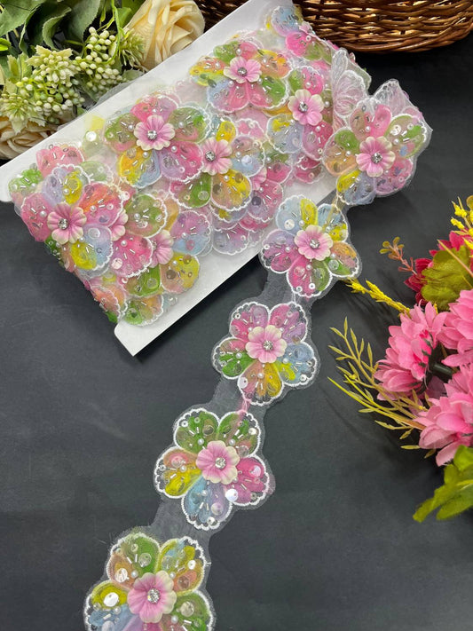 Beautiful Multicoloured Flower Beaded Lace Trim – Imported Decorative Lace for Sarees, Dupattas, and Dresses (9 mtr, 2.5 inch)