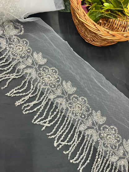 Silver Handmade Tassel Fringe Lace Trim – Imported Decorative Lace for Sarees, Dupattas, and Dresses (9 mtr, 6 inch)