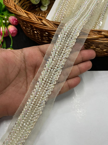 Handcrafted Beaded Lace on Net Fabric – Elegant Cream Designer Border for Sarees, Lehengas & Dupattas (9 Meter, 1 Inch Width)