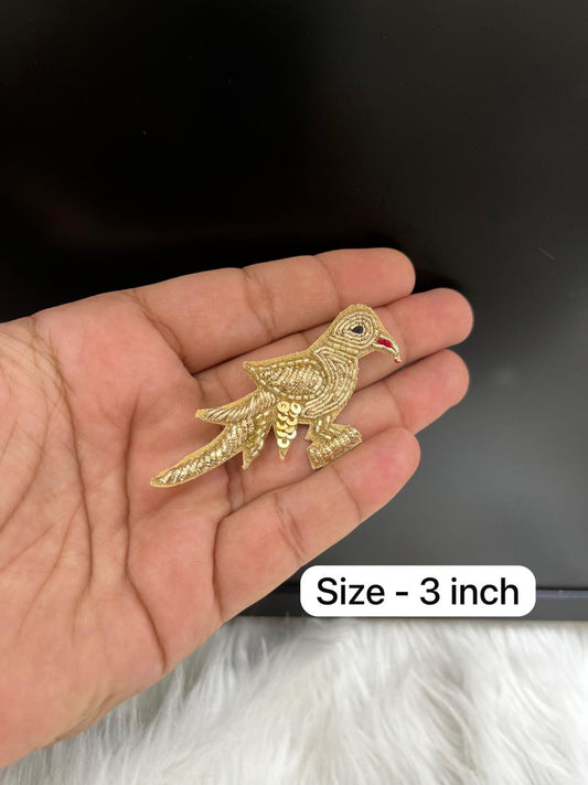 Gold Colour Handcrafted Zardozi Parrot Patch – Designer Embroidered Patch for Sarees, Blouses & Ethnic Wear