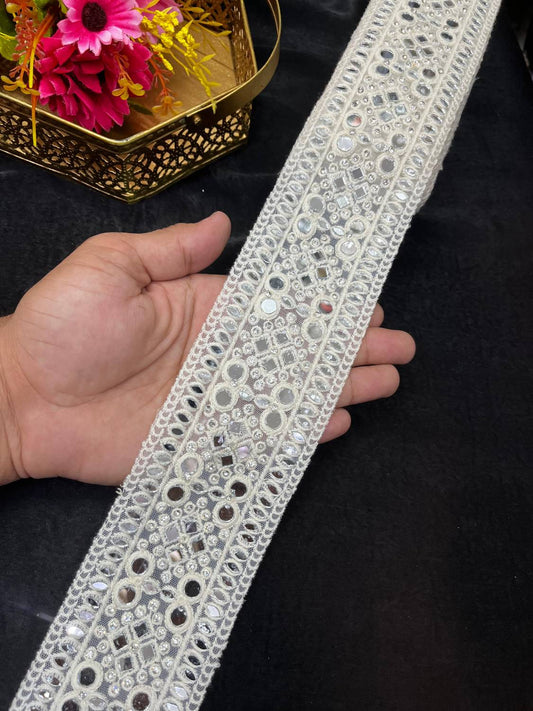 Exclusive Cream Real Mirror Lace – Premium Designer Border for Sarees, Dupattas & Lehengas (9 Meter, 3 Inch Width)