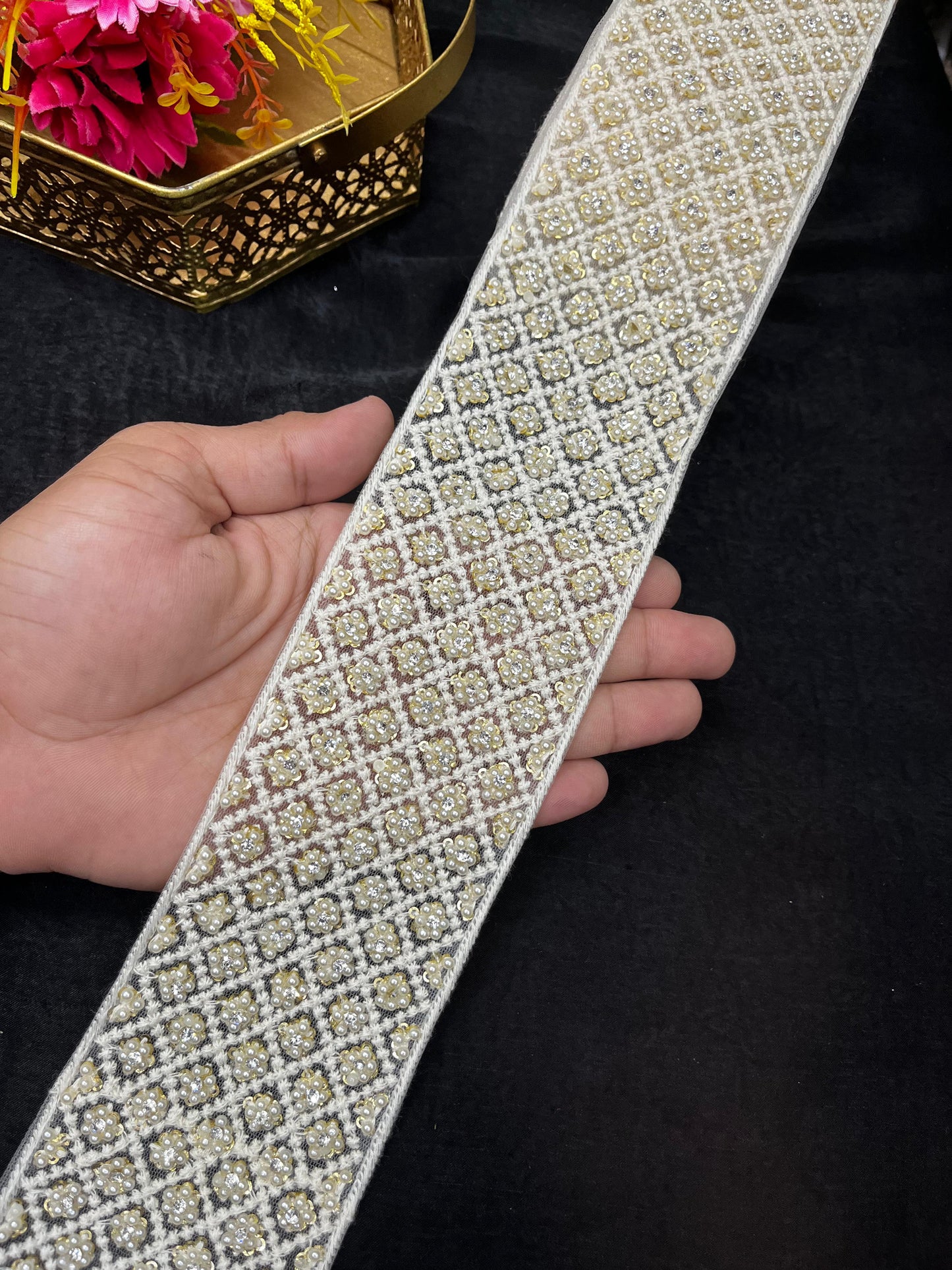 Handmade Beaded Lace Trims – Elegant Lucknowi Pearl Work Border for Sarees, Lehengas & Dupattas (9 Meter, 3 Inch Width)