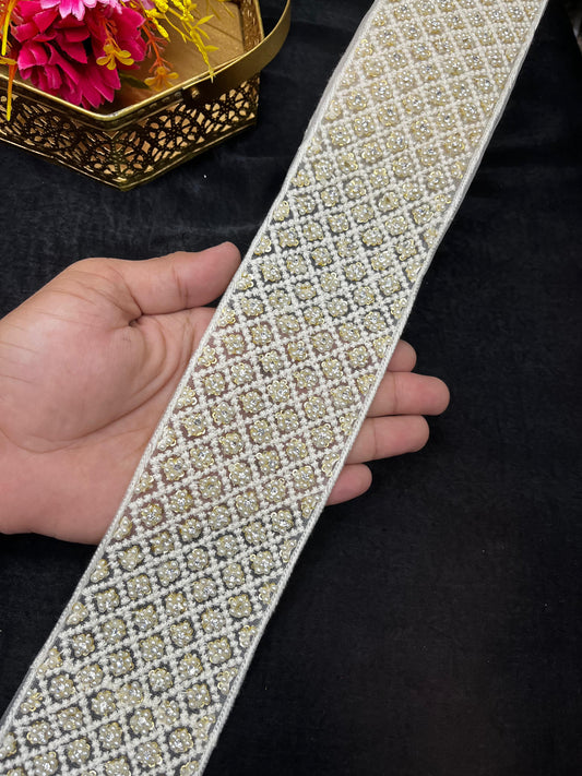 Handmade Beaded Lace Trims – Elegant Lucknowi Pearl Work Border for Sarees, Lehengas & Dupattas (9 Meter, 3 Inch Width)