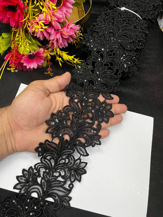 Black Cutwork Imported Lace Design – Elegant Western Style Border Trim for Sarees, Gowns & Dupattas (9 Meter, 4 Inch Width)