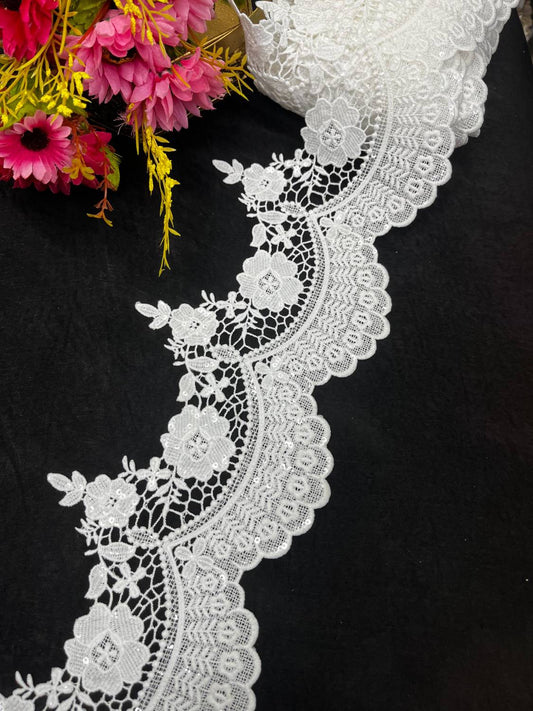 White Scalloped Cutwork Imported Lace Design – Premium Wide Border Trim for Sarees, Gowns & Dupattas (9 Meter, 5 Inch Width)