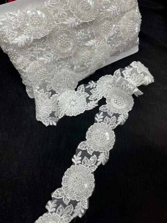 White Flower Bead Work Imported Lace – Elegant Designer Border Trim for Sarees, Gowns & Dupattas (9 Meter, 2 Inch Width)