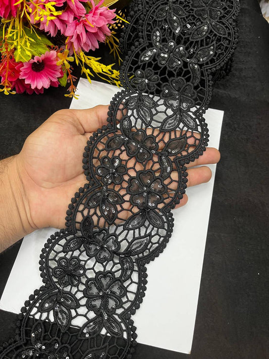 Black Cutwork Imported Lace & Trims – Premium Designer Border for Sarees, Gowns & Dupattas (9 Meter, 4 Inch Width)