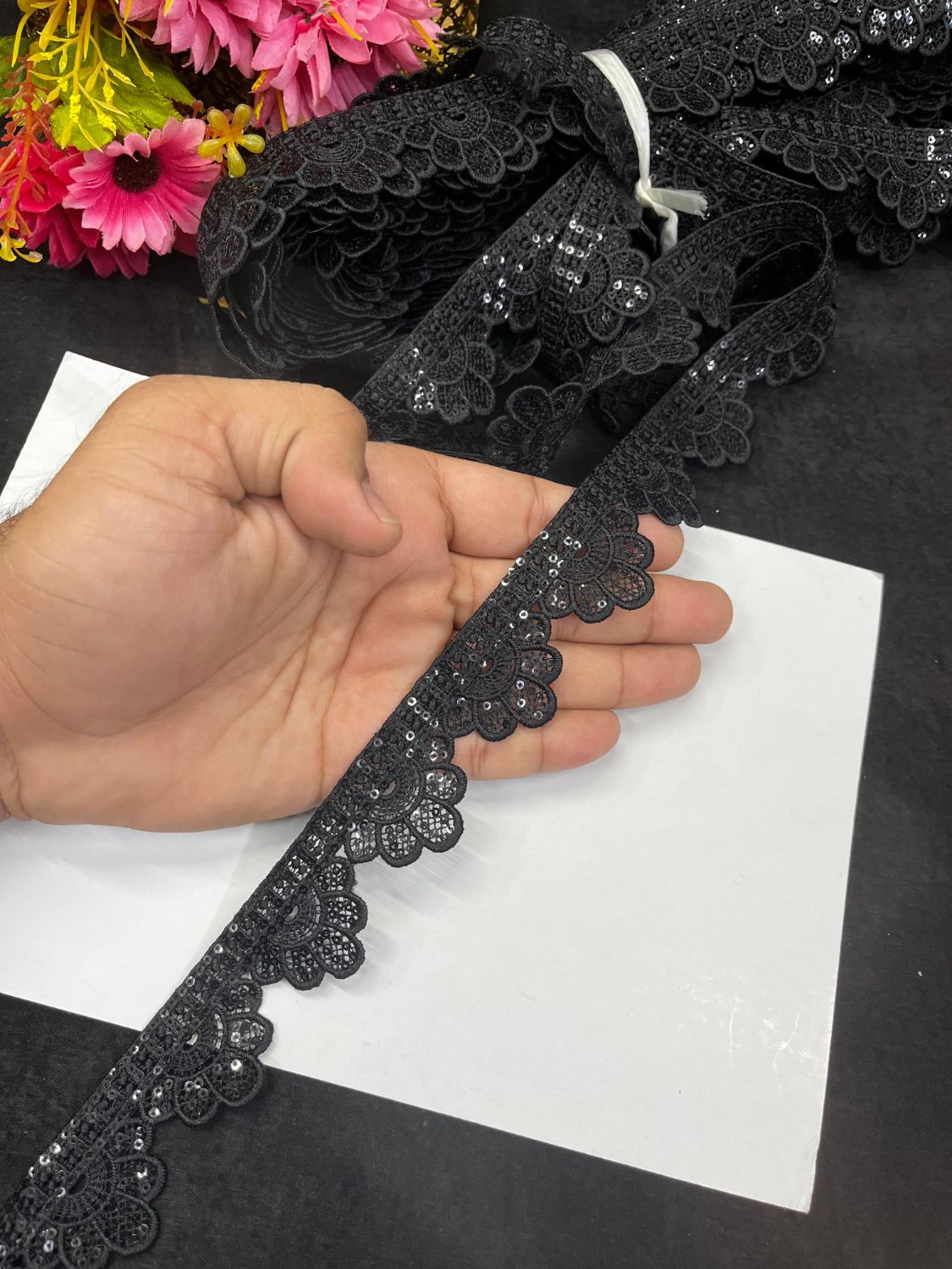 Black Scallop Designer Laces – Elegant Imported Border Trim for Sarees, Gowns & Dupattas (9 Meter, 1 Inch Width)