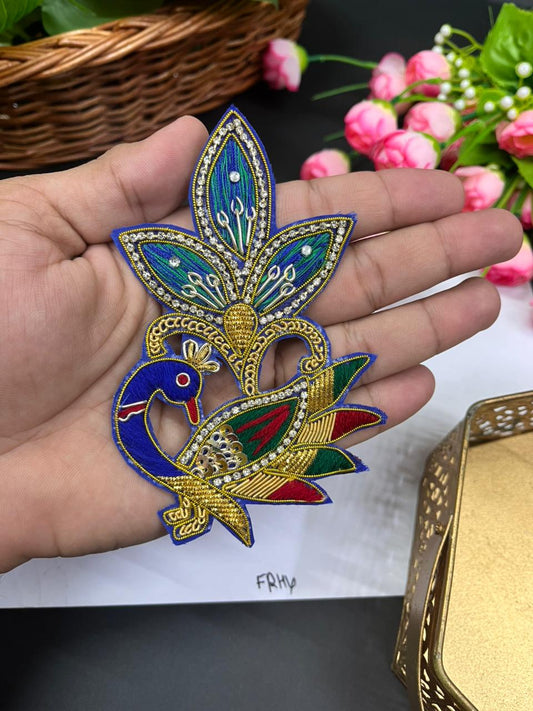 Handmade Zardosi Peacock Applique | Decorative Peacock Patch for Blouses, Sarees & Ethnic Wear