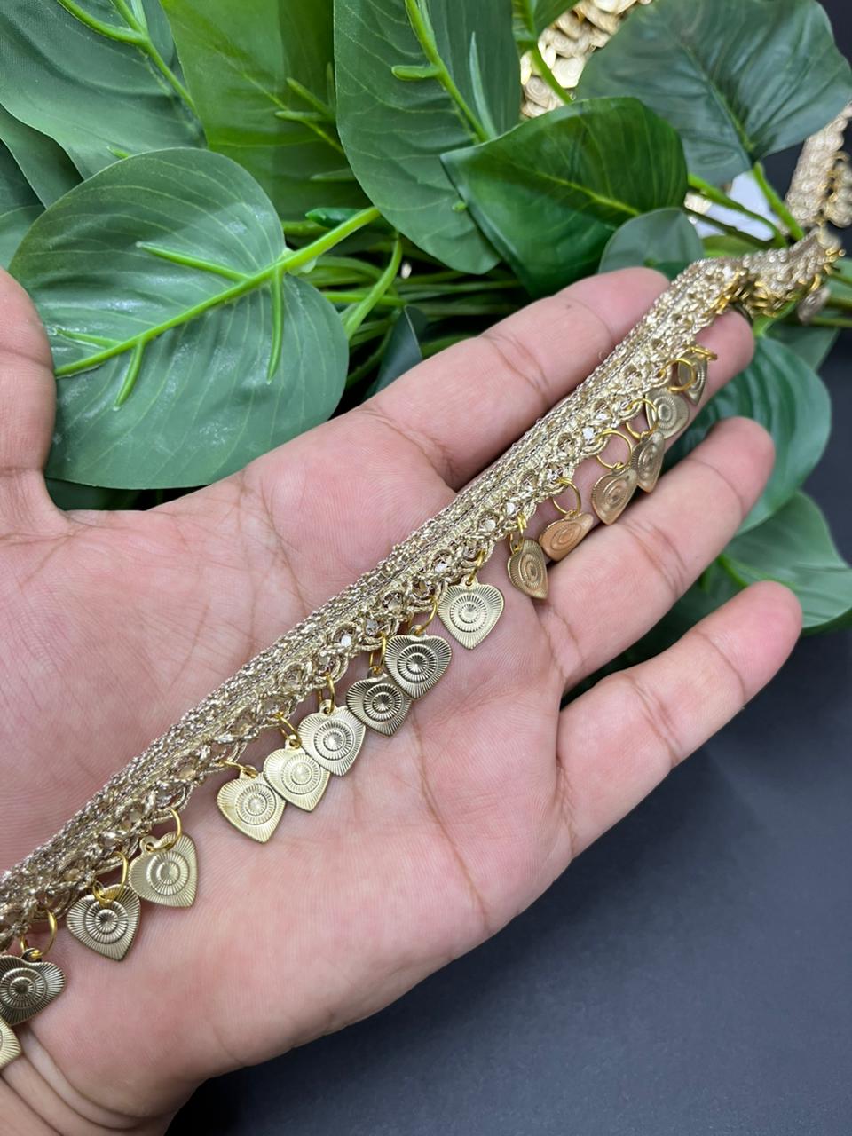Beautiful Heart Shape Metal Hanging Lace (9 Meter) – Designer Latkan Border for Sarees, Dupattas & Lehengas (1 Inch Width)