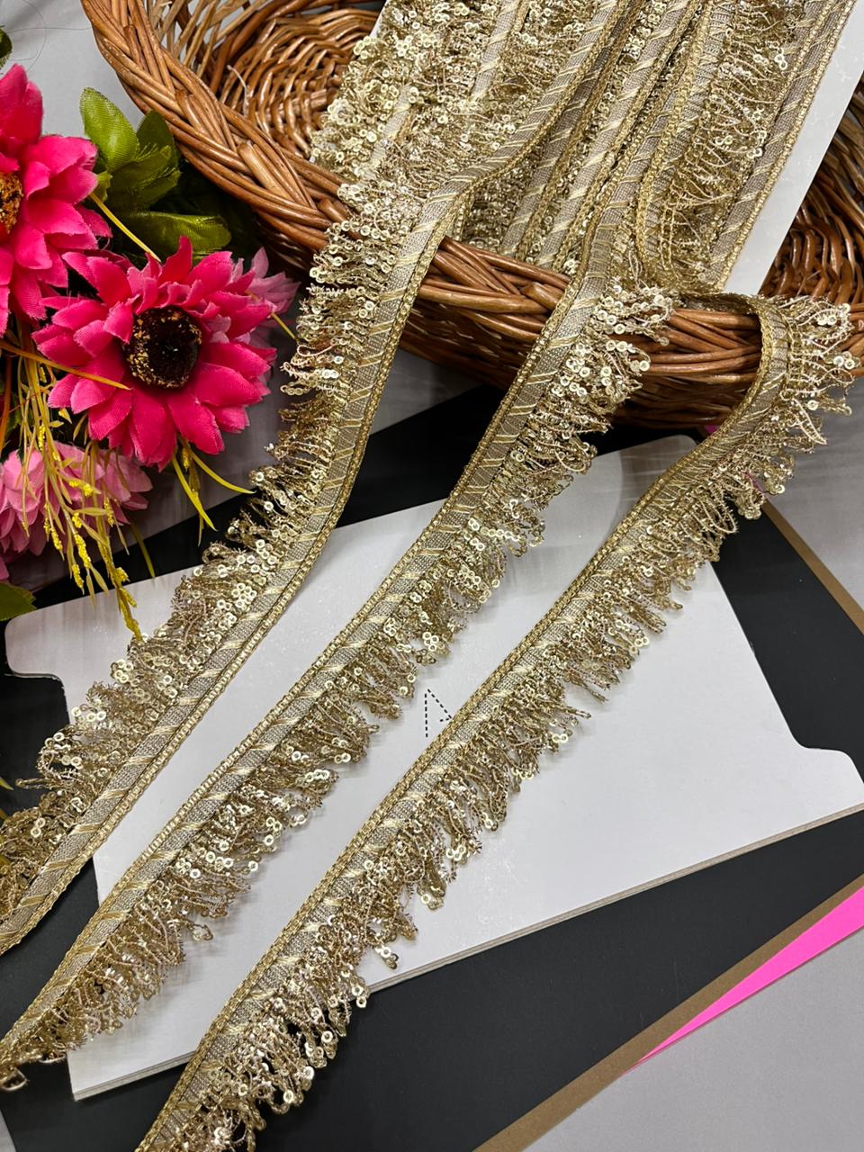 Sequins Fringe Lace / Kiran Lace Border for Dupatta – Sparkling Latkan Lace for Sarees, Lehengas & Ethnic Wear (9 Meter, 1 Inch Width)