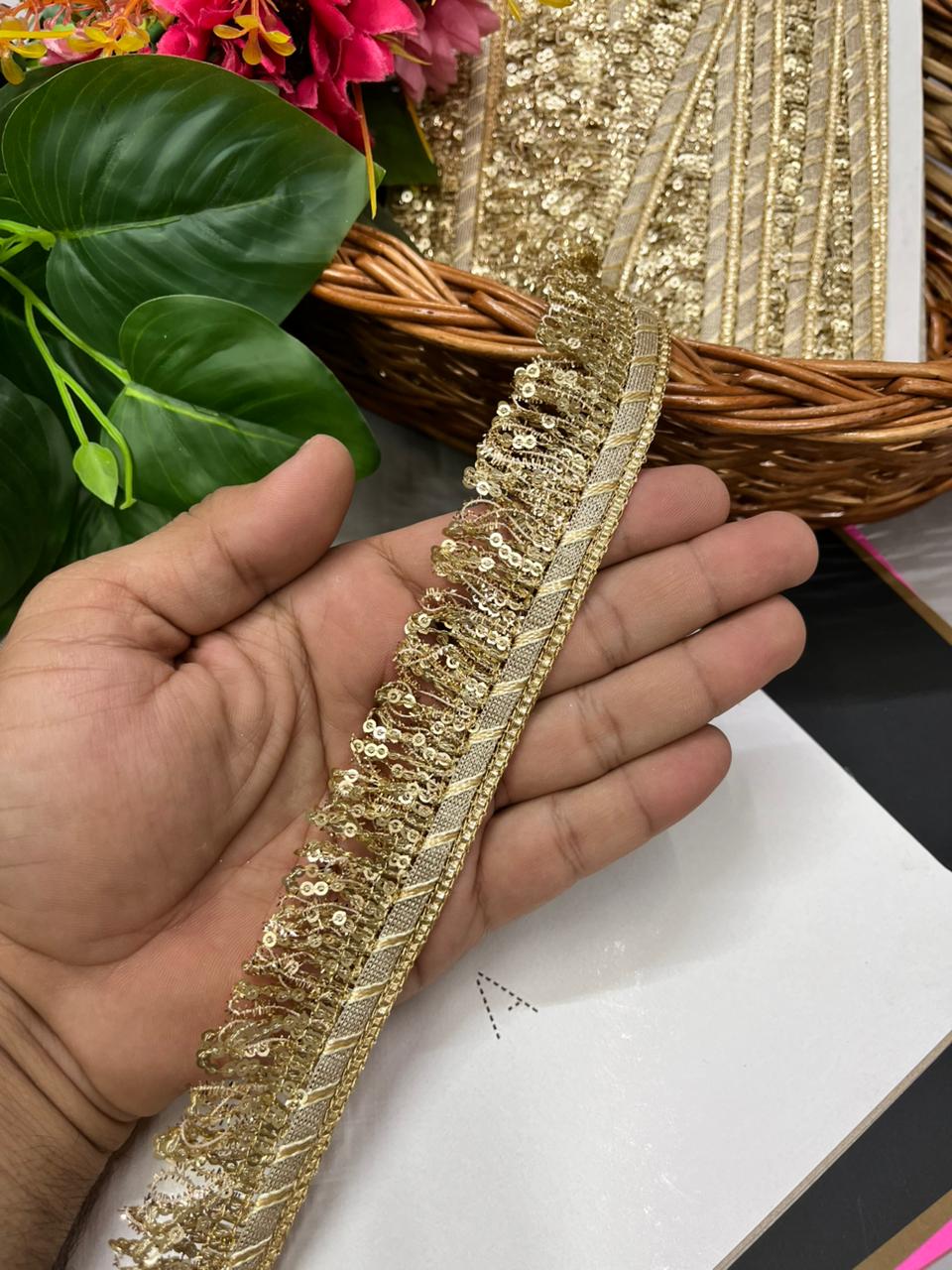 Sequins Fringe Lace / Kiran Lace Border for Dupatta – Sparkling Latkan Lace for Sarees, Lehengas & Ethnic Wear (9 Meter, 1 Inch Width)