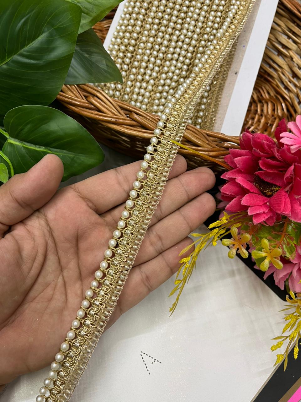 Designer Pearl Lace (Golden) – Elegant Pearl Latkan Lace Border for Sarees, Dupattas, Lehengas & Ethnic Wear (9 Meter, 1 Inch Width)
