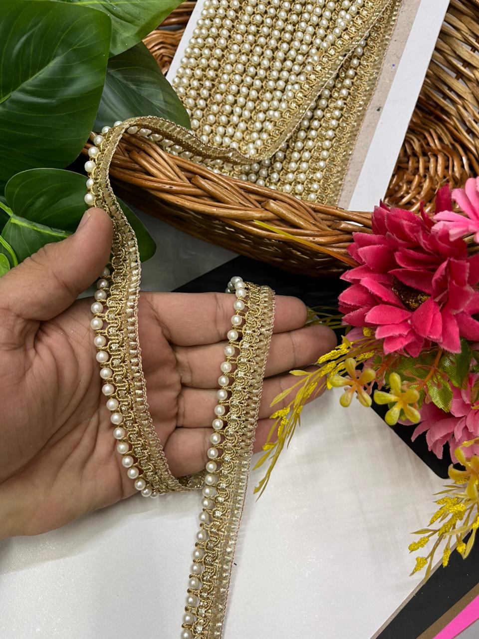 Designer Pearl Lace (Golden) – Elegant Pearl Latkan Lace Border for Sarees, Dupattas, Lehengas & Ethnic Wear (9 Meter, 1 Inch Width)