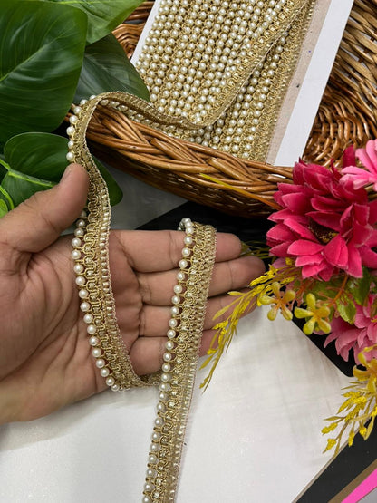 Designer Pearl Lace (Golden) – Elegant Pearl Latkan Lace Border for Sarees, Dupattas, Lehengas & Ethnic Wear (9 Meter, 1 Inch Width)