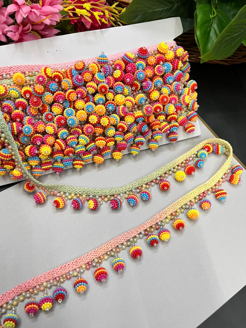 Multicoloured Hanging Ball Lace – Vibrant Latkan Lace Border for Sarees, Dupattas, Lehengas & Craft Projects (9 Meter, 1 Inch Width)