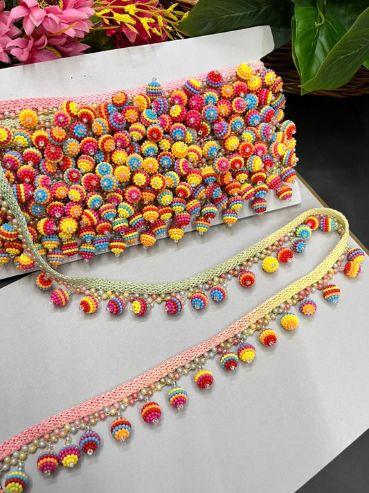 Multicoloured Hanging Ball Lace – Vibrant Latkan Lace Border for Sarees, Dupattas, Lehengas & Craft Projects (9 Meter, 1 Inch Width)