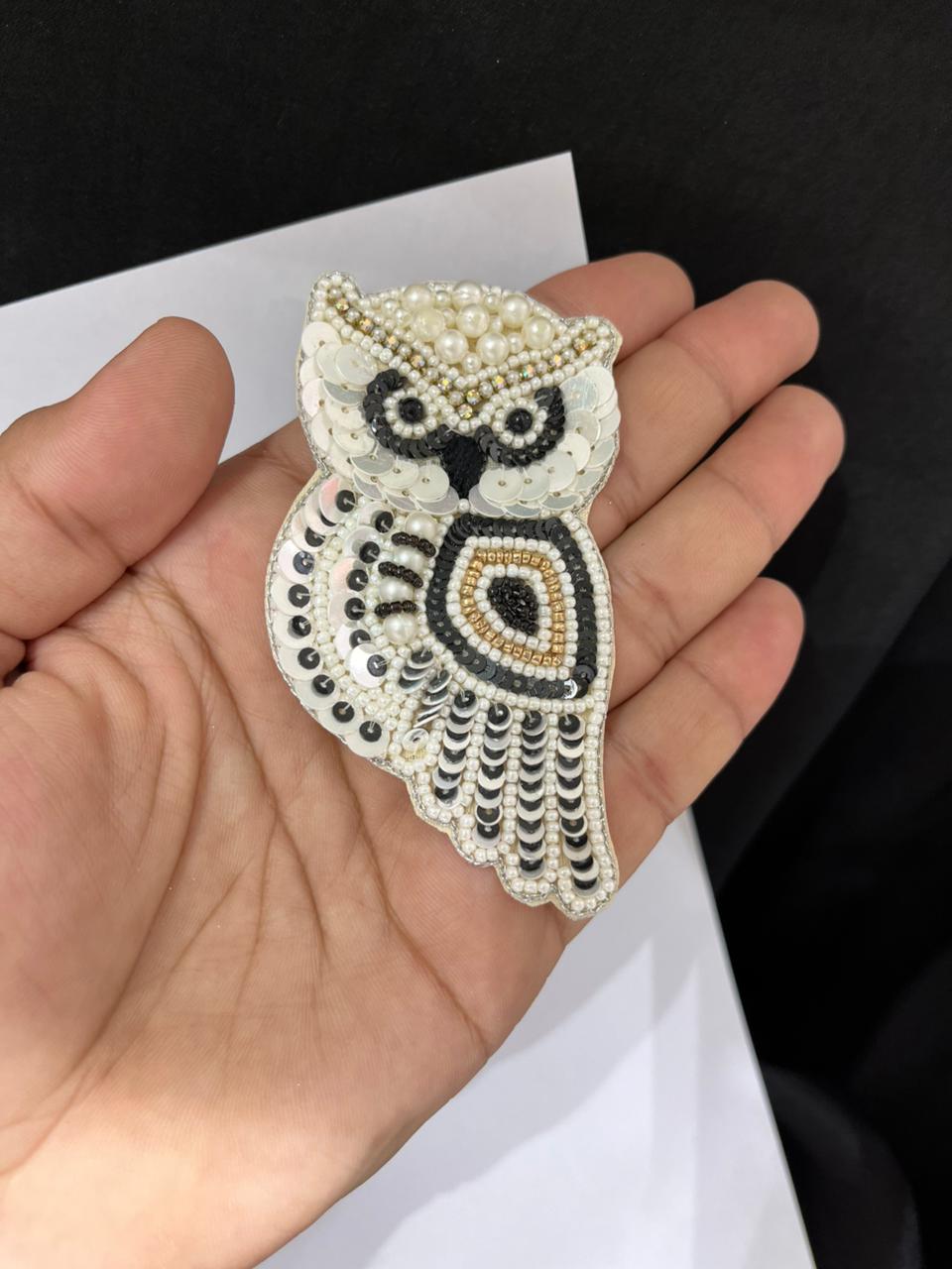 Beautiful Beaded Owl Patch – Handcrafted Bead & Thread Embroidered Motif for Jackets, Bags, Blouses, Kidswear & DIY Crafts