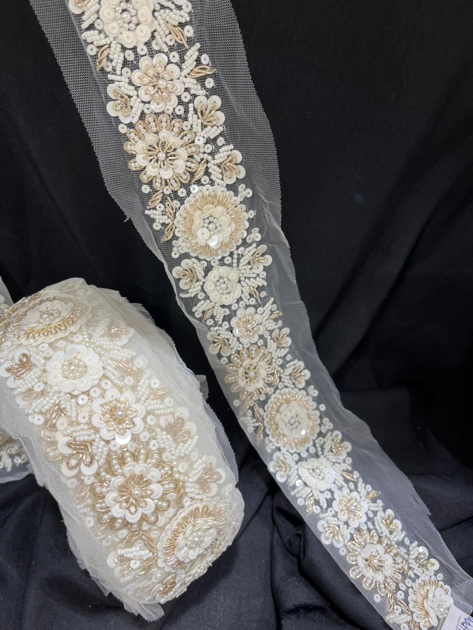 Handcrafted Pearl Lace Trim – Elegant Bridal & Couture Embellishment for Sarees, Dupattas, Gowns & Lehengas (9 Meter, 2 Inch Width)