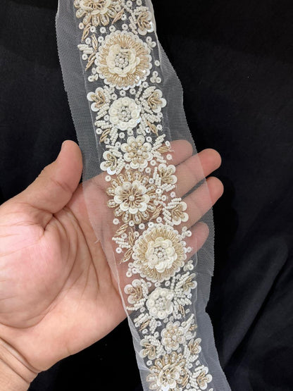 Handcrafted Pearl Lace Trim – Elegant Bridal & Couture Embellishment for Sarees, Dupattas, Gowns & Lehengas (9 Meter, 2 Inch Width)