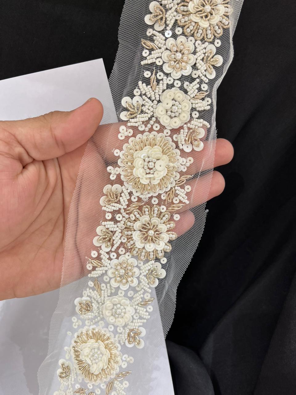 Handcrafted Pearl Lace Trim – Elegant Bridal & Couture Embellishment for Sarees, Dupattas, Gowns & Lehengas (9 Meter, 2 Inch Width)