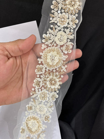Handcrafted Pearl Lace Trim – Elegant Bridal & Couture Embellishment for Sarees, Dupattas, Gowns & Lehengas (9 Meter, 2 Inch Width)
