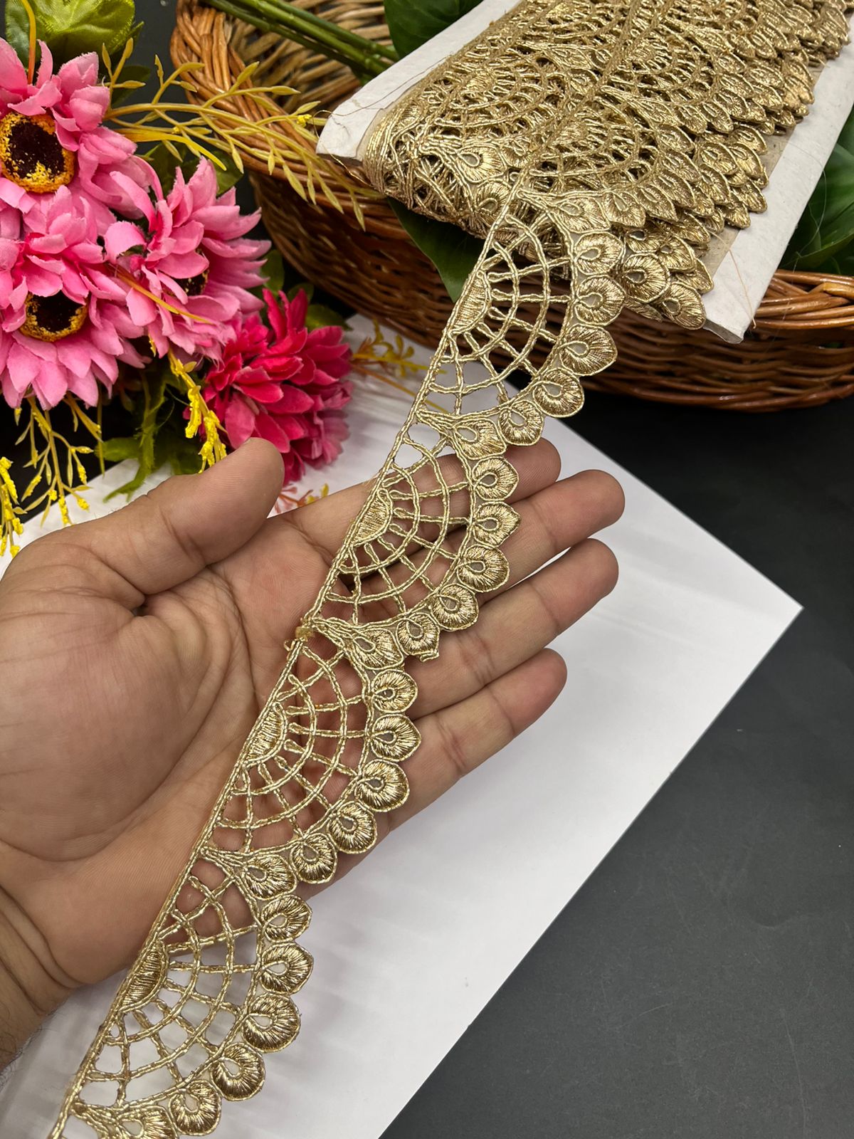 Scalloped Embroidered Zari Lace Border for Sarees – Premium Gold Designer Lace for Dupattas, Lehengas & Festive Wear (9 Meter, 2 Inch Width)