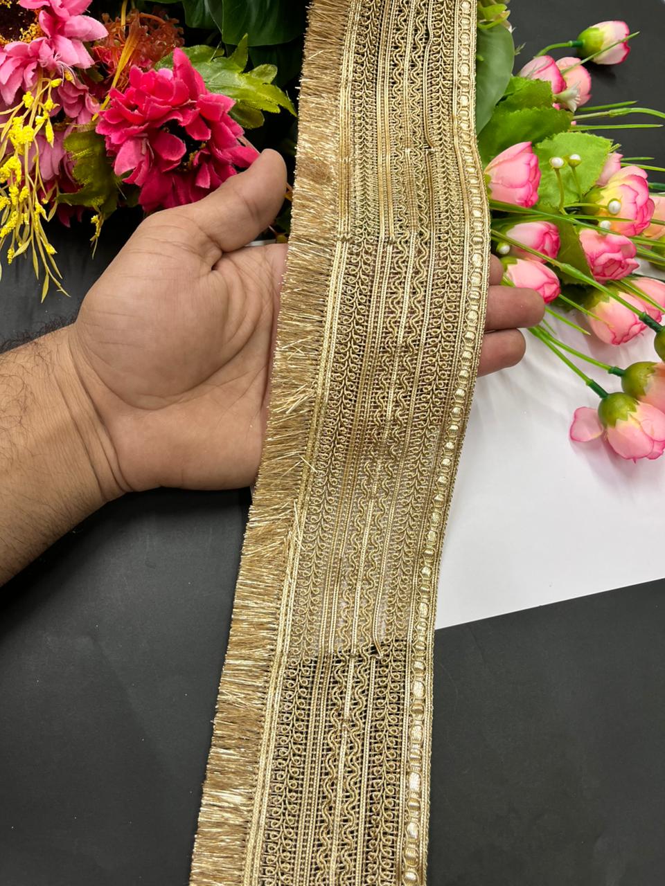 Sabyasachi Dulhan Fringe Lace / Dulhan Zalar Lace – Heavy Bridal Gold Embroidered Lace for Sarees, Lehengas & Couture Wear (9 Meter, 3.5 Inch Width)