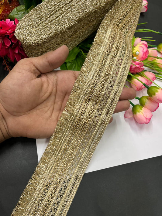 Sabyasachi Dulhan Fringe Lace / Dulhan Zalar Lace – Elegant Bridal Gold Embroidered Lace for Sarees, Lehengas & Couture Wear (9 Meter, 2.5 Inch Width)