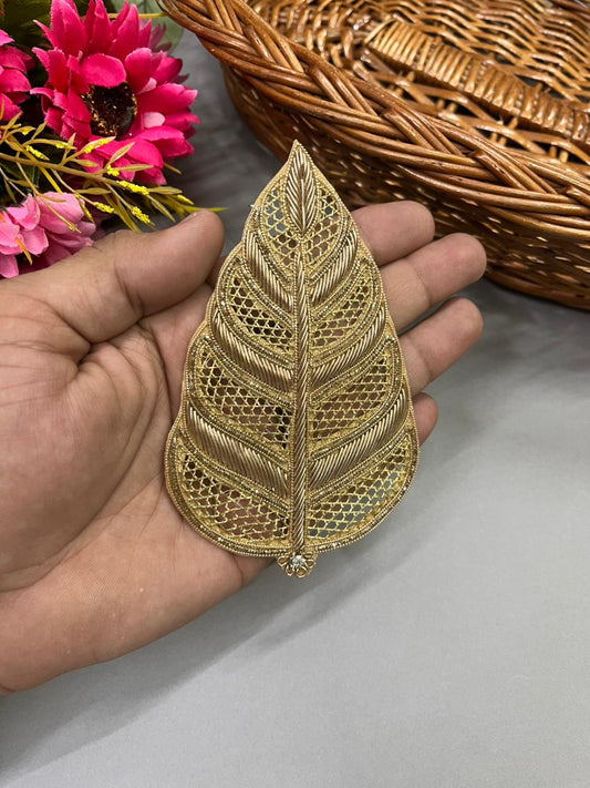 Leaf Shape Zardozi Handwork Patch (Gold) – Premium Designer Embellished Applique for Ethnic & Bridal Wear