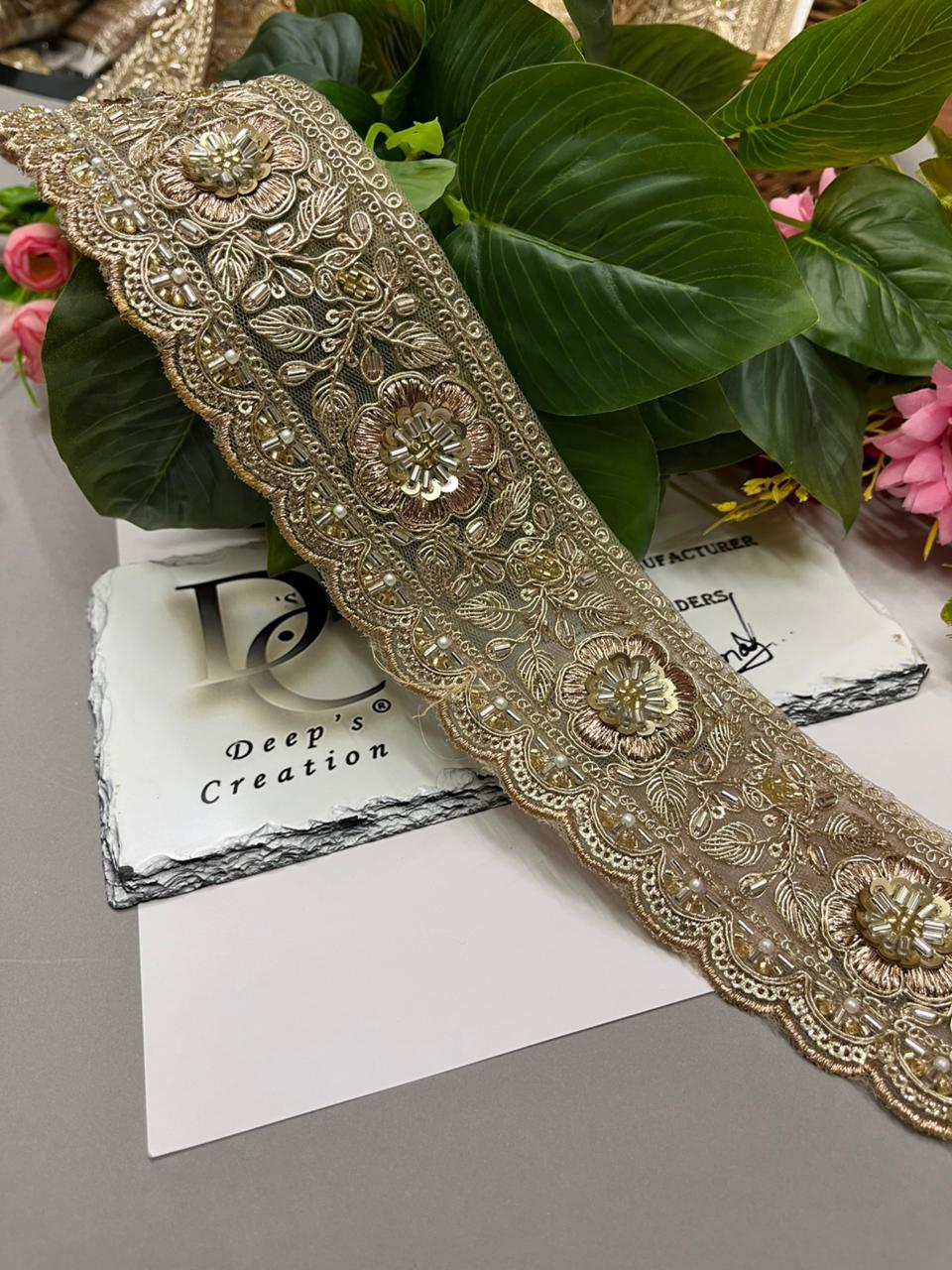 Gold Cutdana Work Designer Lace – Premium 2.5 Inch Golden Embroidered Decorative Border for Bridal & Festive Wear (9 Meter)