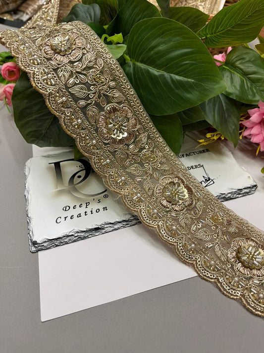 Gold Cutdana Work Designer Lace – Premium 2.5 Inch Golden Embroidered Decorative Border for Bridal & Festive Wear (9 Meter)