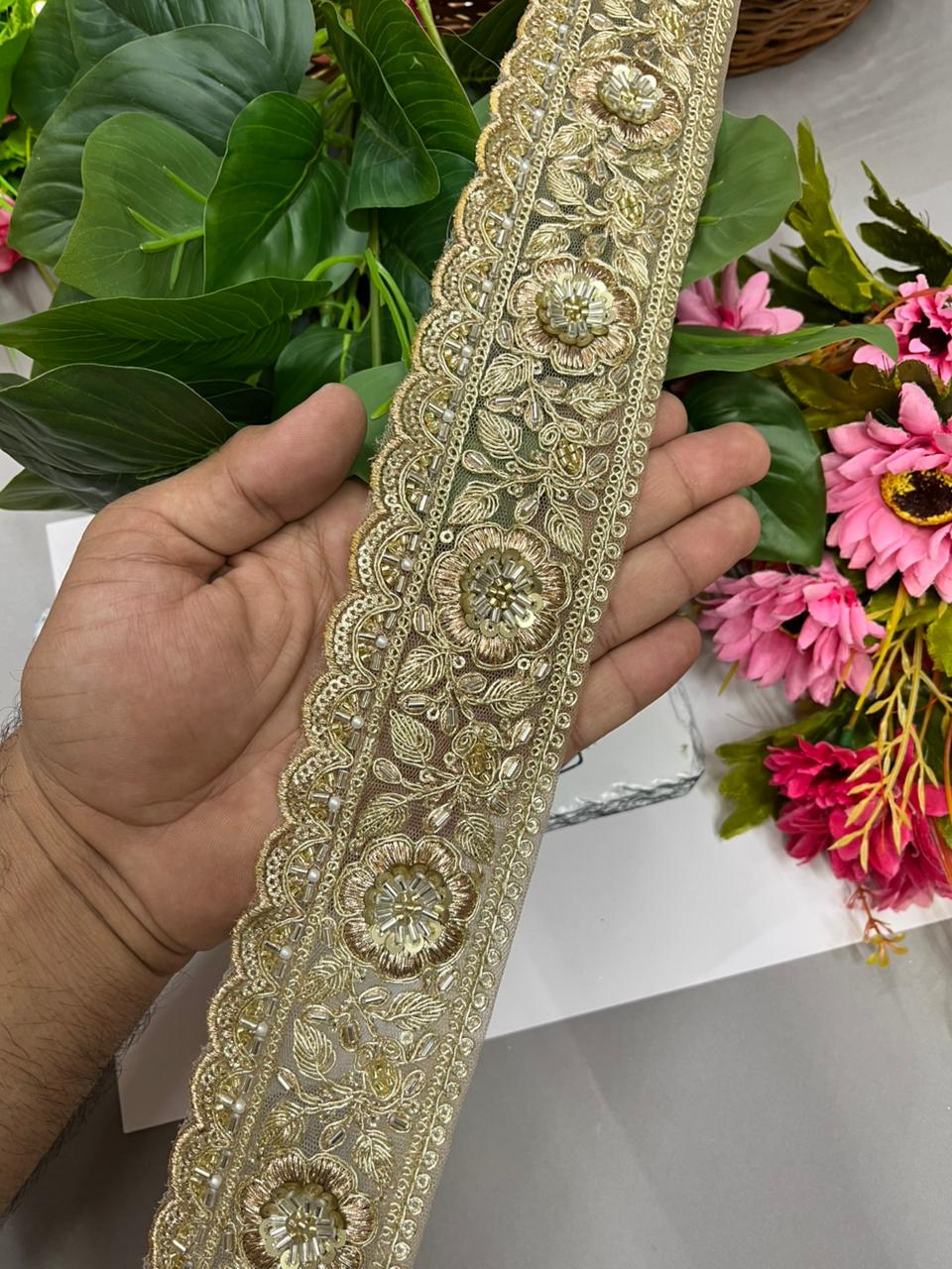 Gold Cutdana Work Designer Lace – Premium 2.5 Inch Golden Embroidered Decorative Border for Bridal & Festive Wear (9 Meter)