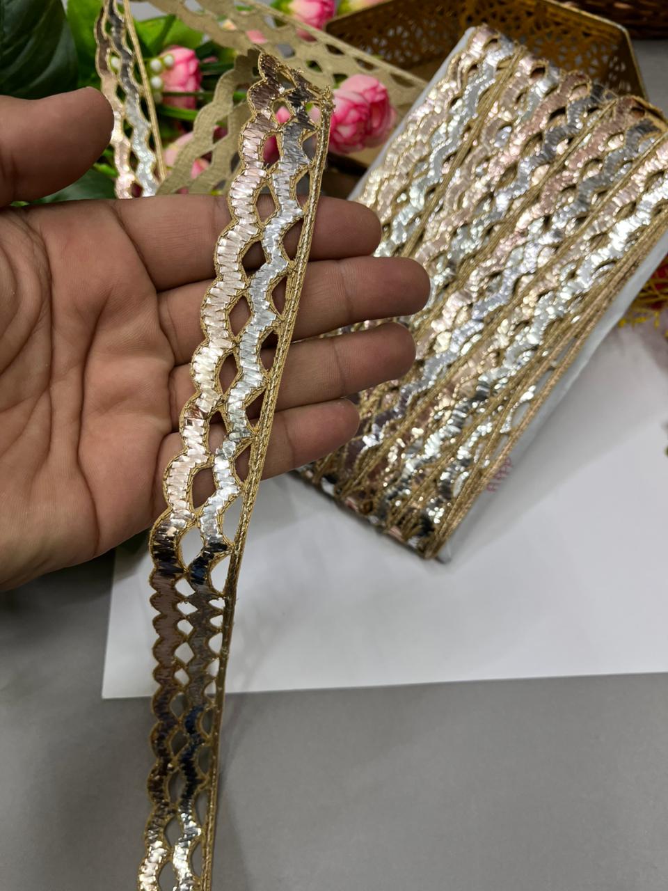 Exclusive Mukesh Work Laces & Borders (Gold Silver Mix) – Premium 1 Inch Handmade Decorative Lace for Ethnic & Festive Wear (9 Meter)