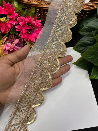 Beautiful Scalloped Zardozi Dabka Borders for Sarees & Dupattas – Premium 2 Inch Handmade Decorative Lace for Bridal & Ethnic Wear (9 Meter)