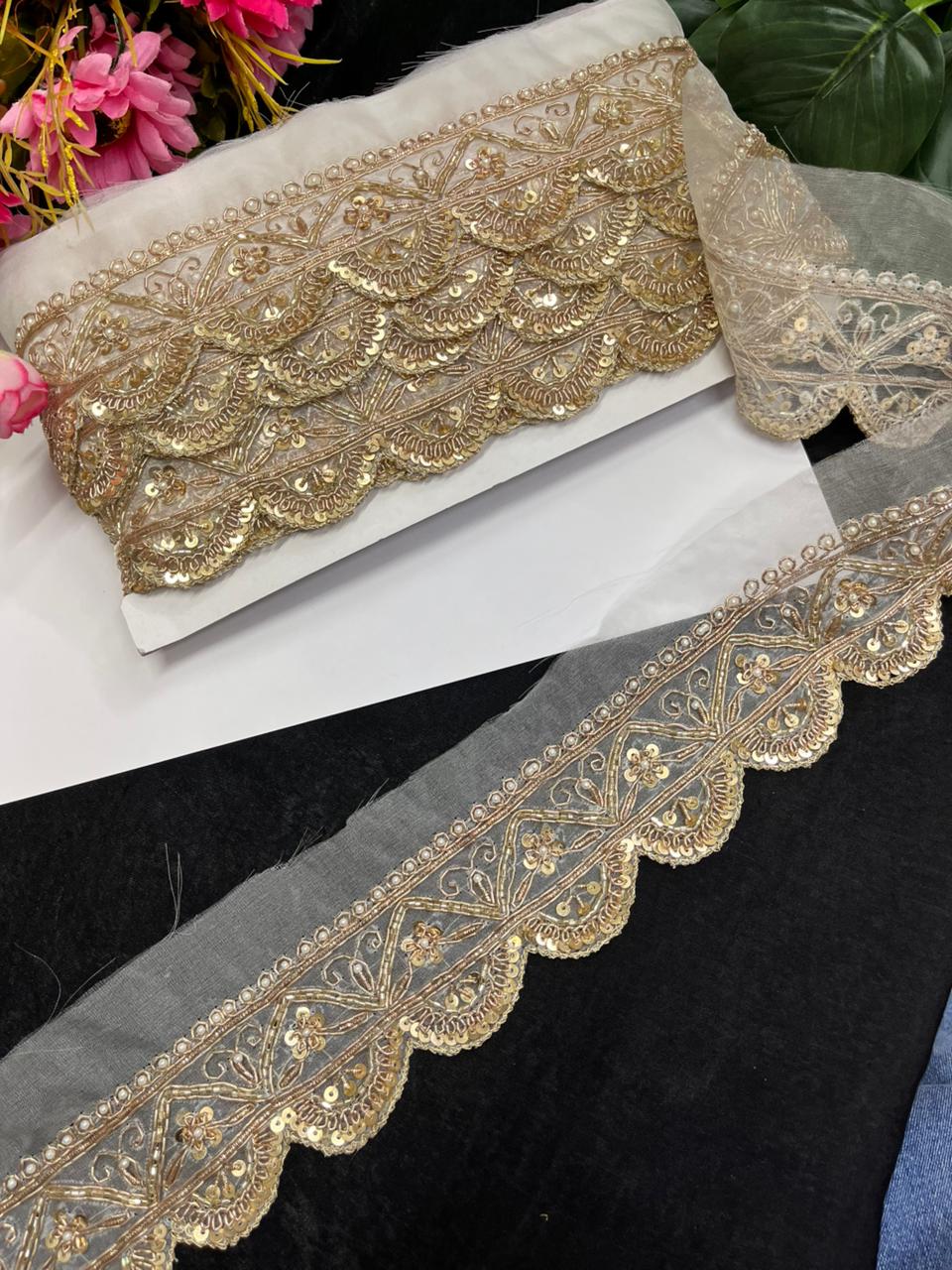 Beautiful Scalloped Zardozi Dabka Borders for Sarees & Dupattas – Premium 2 Inch Handmade Decorative Lace for Bridal & Ethnic Wear (9 Meter)