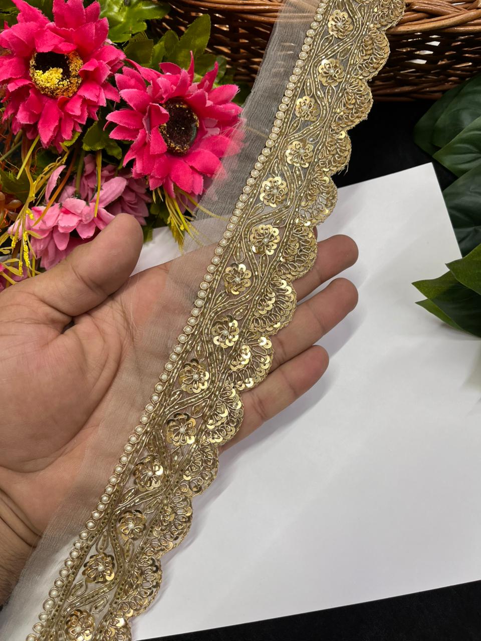 Beautiful Zardozi Dabka Borders for Sarees & Dupattas – Premium 1.5 Inch Handmade Decorative Lace for Bridal & Ethnic Wear (9 Meter)
