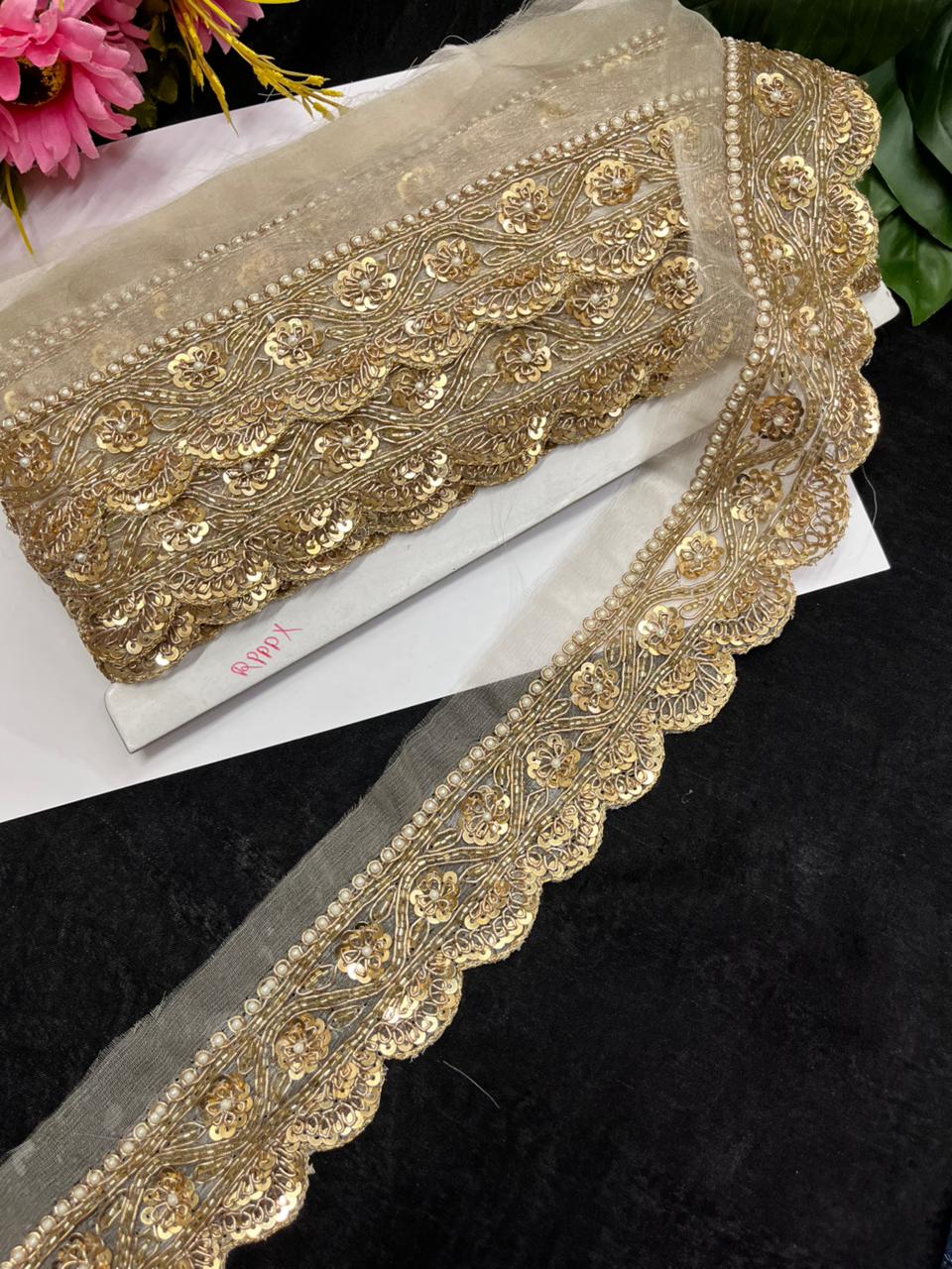 Beautiful Zardozi Dabka Borders for Sarees & Dupattas – Premium 1.5 Inch Handmade Decorative Lace for Bridal & Ethnic Wear (9 Meter)