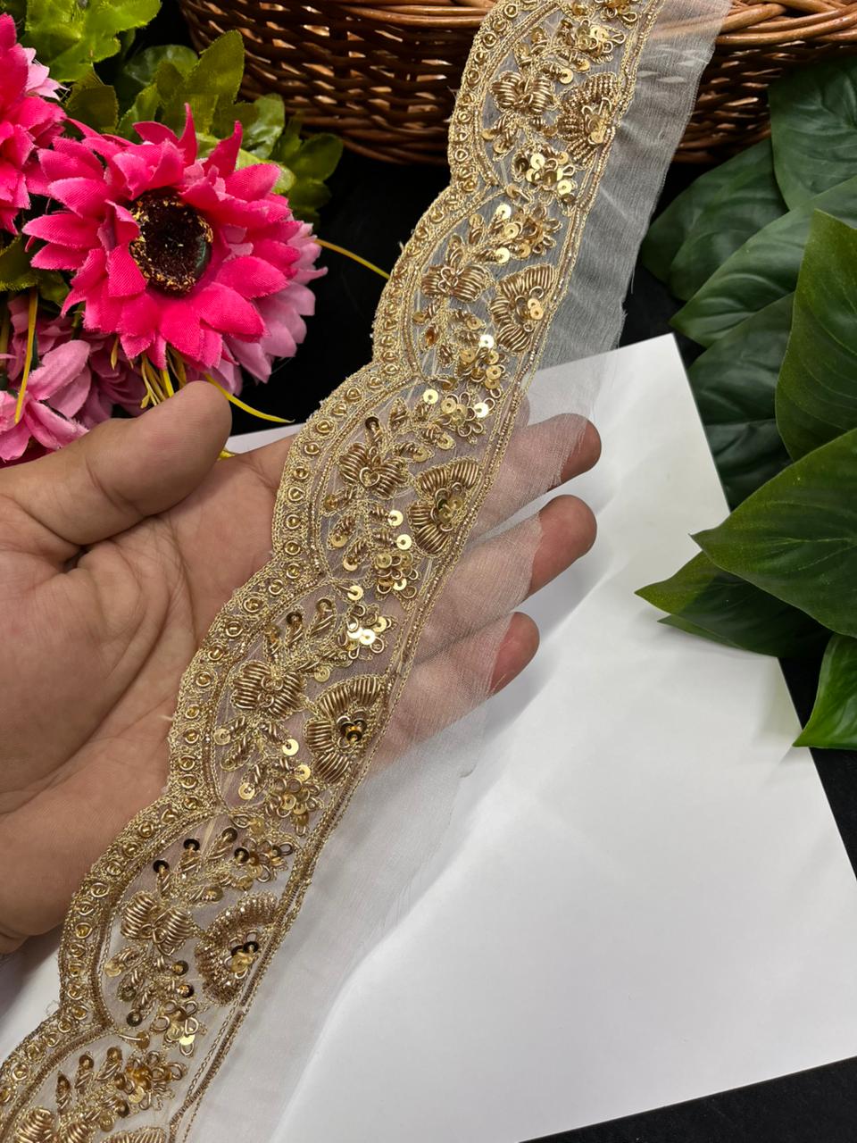 Designer Dabka Zardozi Borders – Premium 2 Inch Handmade Decorative Lace for Bridal & Ethnic Wear (9 Meter)