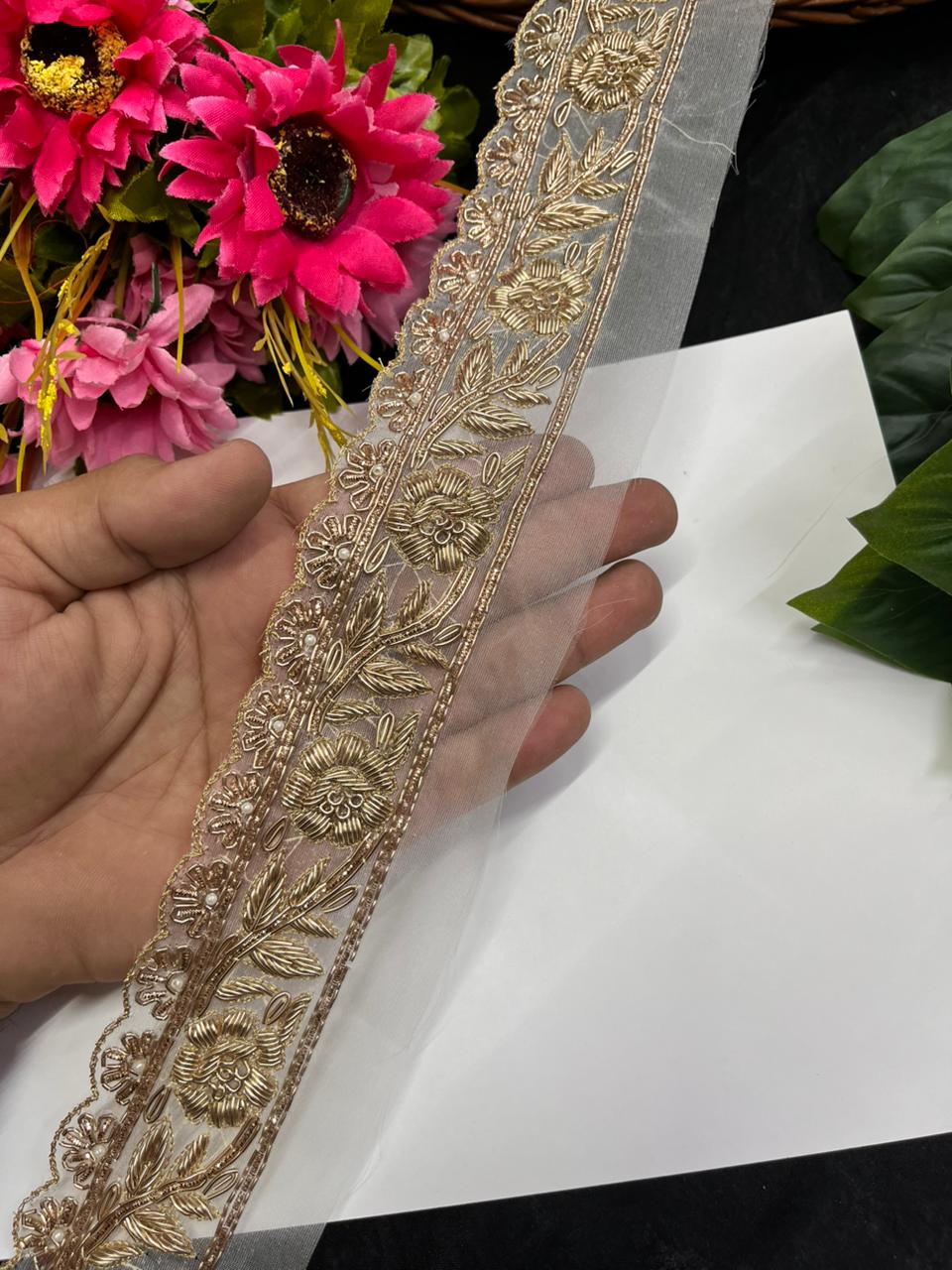 Designer Dabka Zardozi Borders – Premium 2 Inch Handmade Decorative Lace for Bridal & Ethnic Wear (9 Meter)