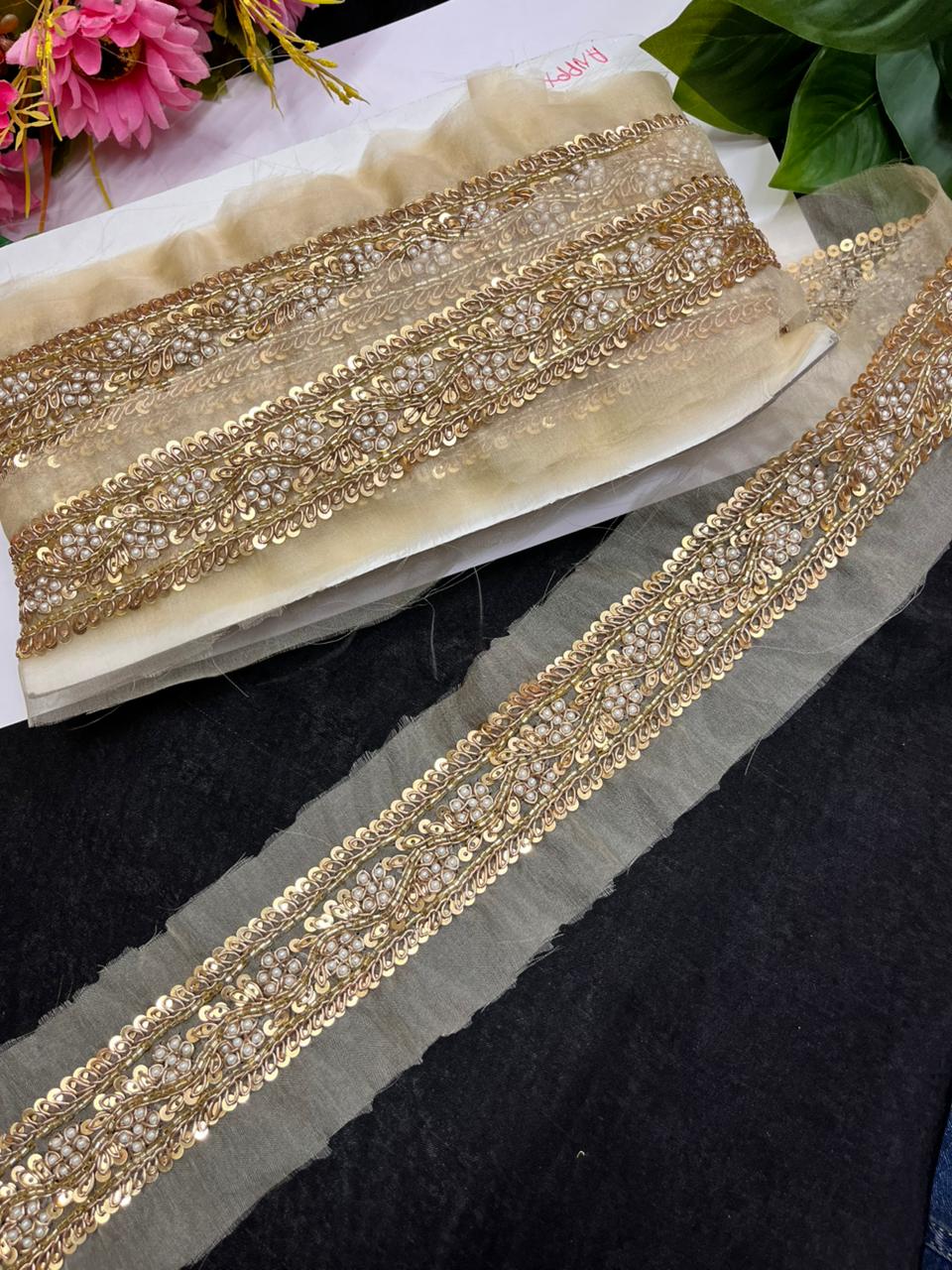 Designer Sequins Dabka Zardozi Borders – Premium 1.5 Inch Handmade Decorative Lace for Bridal & Ethnic Wear (9 Meter)