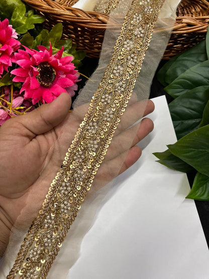 Designer Sequins Dabka Zardozi Borders – Premium 1.5 Inch Handmade Decorative Lace for Bridal & Ethnic Wear (9 Meter)