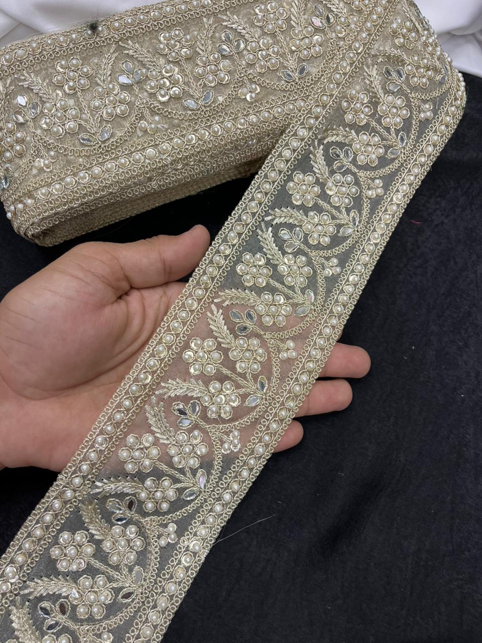 Pearl Work Lace with Real Mirror for Sarees, Lehengas & Dresses – Designer Gold Embroidered Mirror Lace Border (3 Inch)