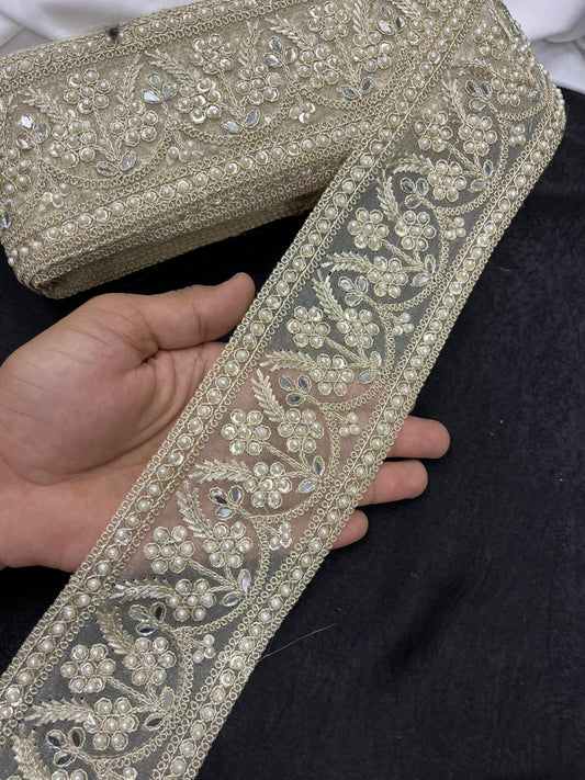 Pearl Work Lace with Real Mirror for Sarees, Lehengas & Dresses – Designer Gold Embroidered Mirror Lace Border (3 Inch)