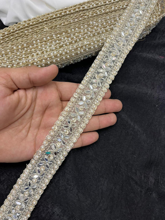 Pearl Work Diamond Lace with Real Mirror for Sarees, Kurtis & Lehengas – Designer Gold Embroidered Lace Border (1 Inch)