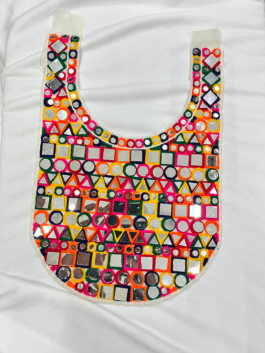Multicoloured Mirror Work Neck Patch for Navratri, Kurtis, Dresses & Blouses – Designer Handcrafted Ethnic Neckline Applique | DC0988